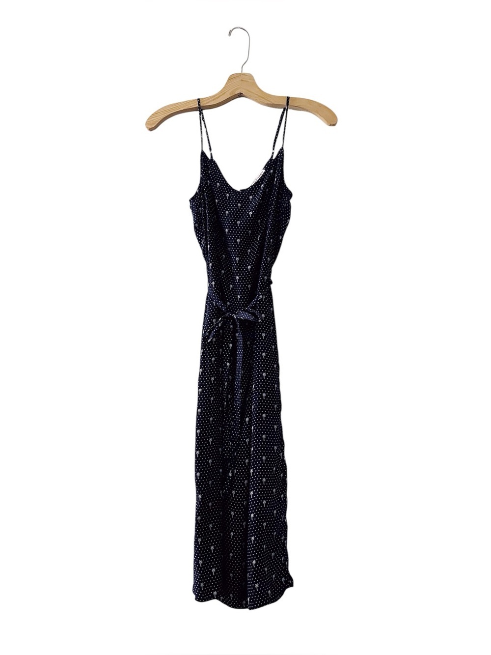 HVN by Harley Viera-Newton Polka Dot Palm Tree Silk Maxi Sleeveless Dress Navy